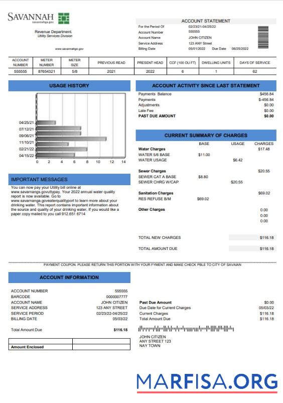 Blank USA Georgia Savannah utility bill template in Word and PDF format